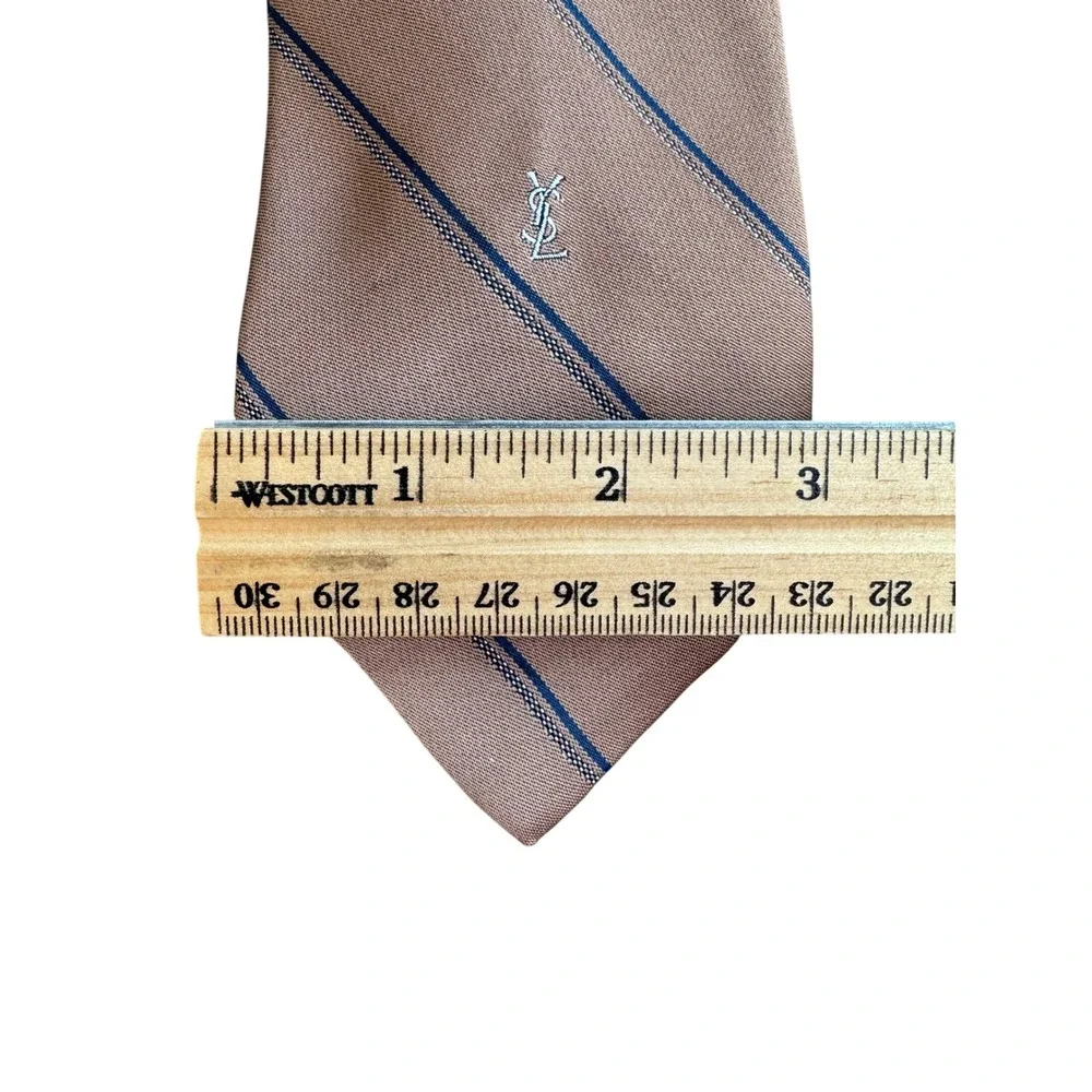 Yves Saint Laurent YSL Mens Vintage Silk Tie Tan Blue Striped Designer Necktie